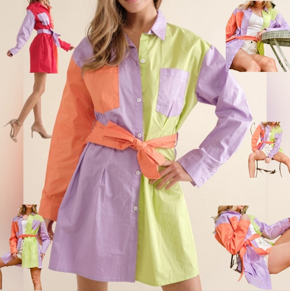 #54 🛑39 S, M, L  Pop Color Mix Block Tie Waist Shirt Dre